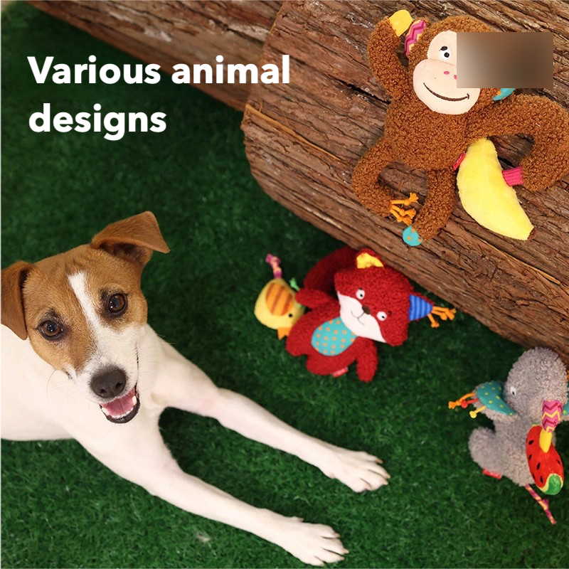 Plush Squeaky Dog Toys | Monkey, Fox, Elephant Animal Shapes | Crinkle & Chew Toys for Puppies and Small Dogs